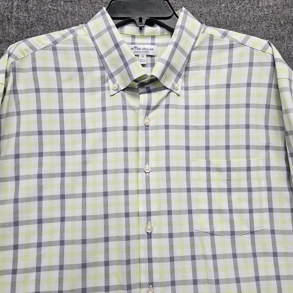 Peter Millar Summer Comfort Shirt Mens XL Yellow Grey Plaid Button Long Sleeve